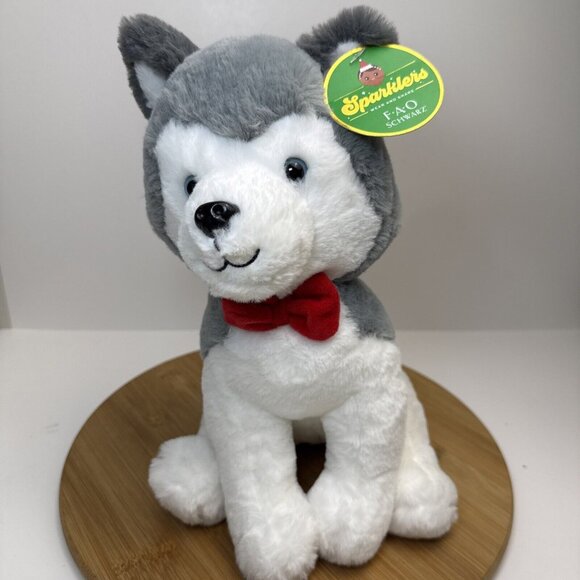 Fao Schwarz Husky 12" Stuffed Animal Plush Christmas Red Bow NEW - Picture 1 of 8